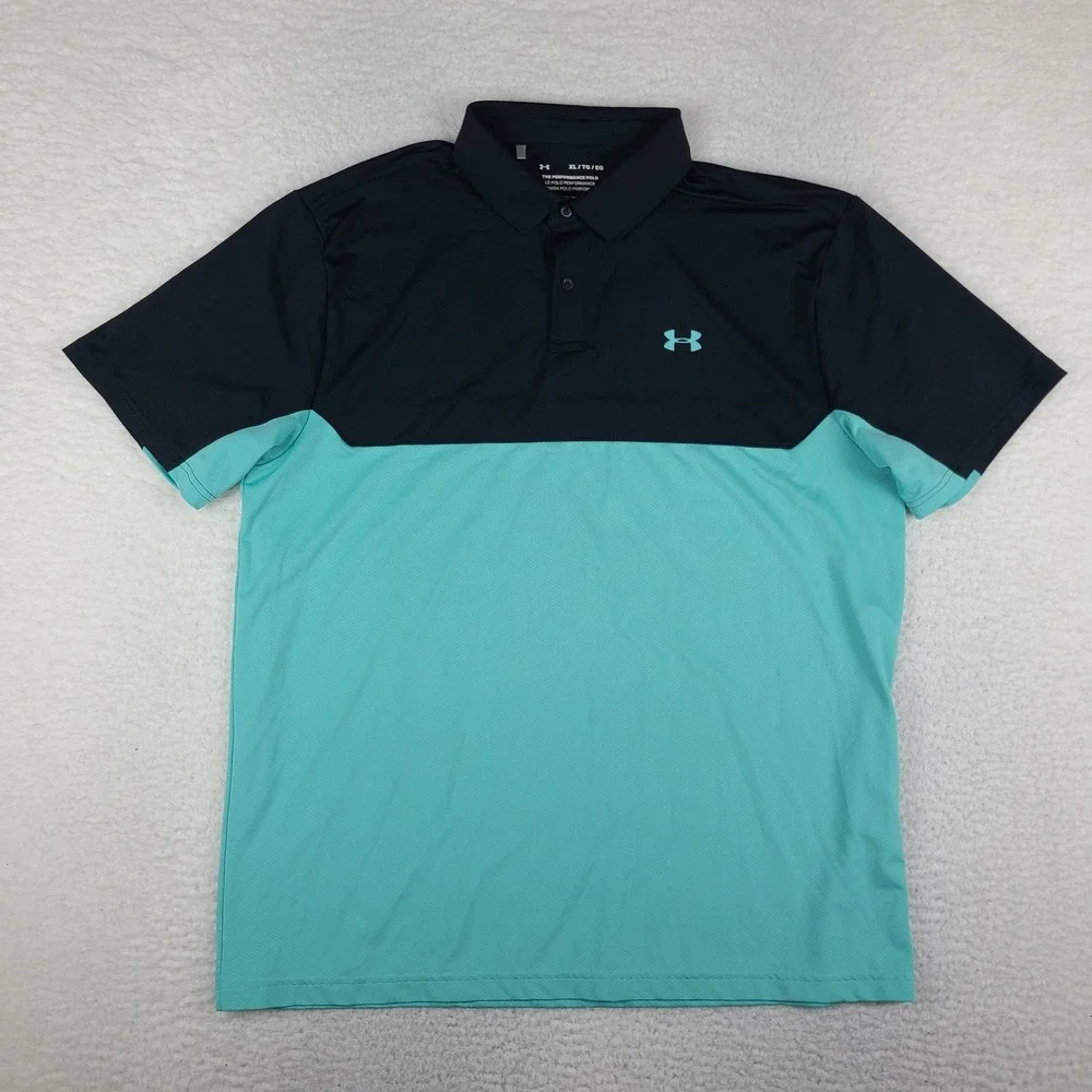 Under Armour The Performance Polo Shirt Mens XL Black Mint Blue Loose Heatgear